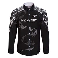 New Zealand Rugby Custom Family Matching Short Sleeve Bodycon Dress and Hawaiian Shirt Aotearoa Armour Blacks Silver Ferns LT03 Dad's Shirt - Long Sleeve Black - Polynesian Pride
