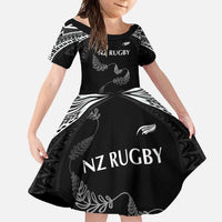 New Zealand Rugby Custom Family Matching Tank Maxi Dress and Hawaiian Shirt Aotearoa Armour Blacks Silver Ferns LT03 Daughter's Dress Black - Polynesian Pride
