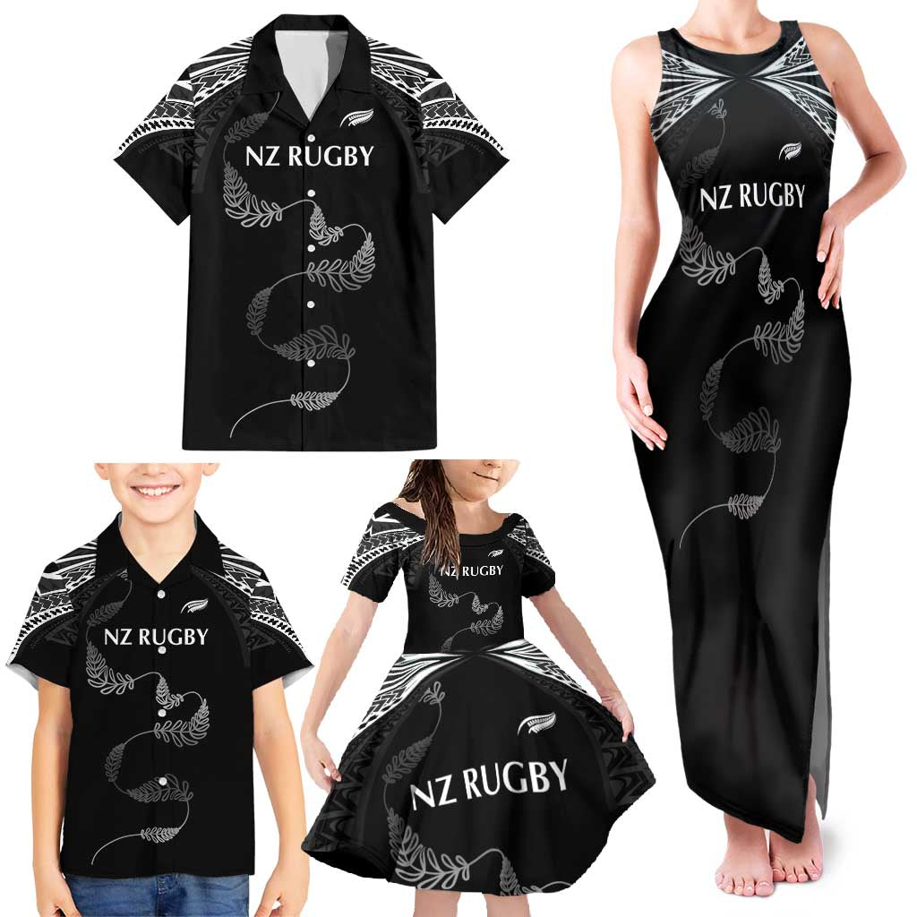 New Zealand Rugby Custom Family Matching Tank Maxi Dress and Hawaiian Shirt Aotearoa Armour Blacks Silver Ferns - Polynesian Pride