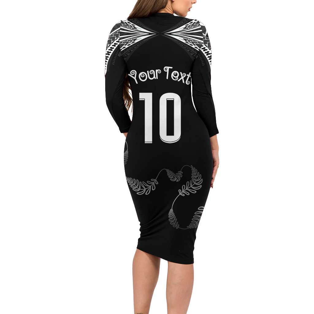 New Zealand Rugby Custom Long Sleeve Bodycon Dress Aotearoa Armour Blacks Silver Ferns LT03 - Polynesian Pride