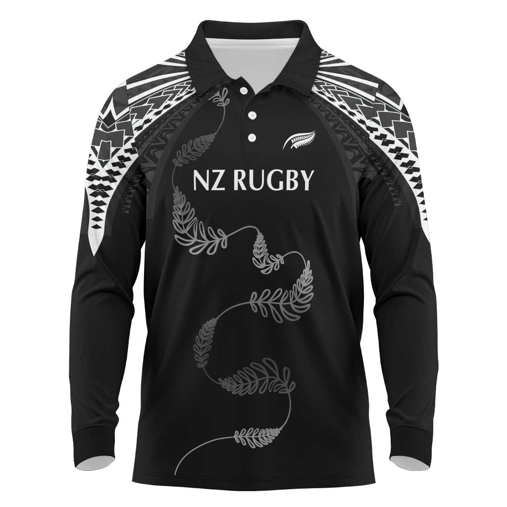 New Zealand Rugby Custom Long Sleeve Polo Shirt Aotearoa Armour Blacks Silver Ferns LT03 Black - Polynesian Pride