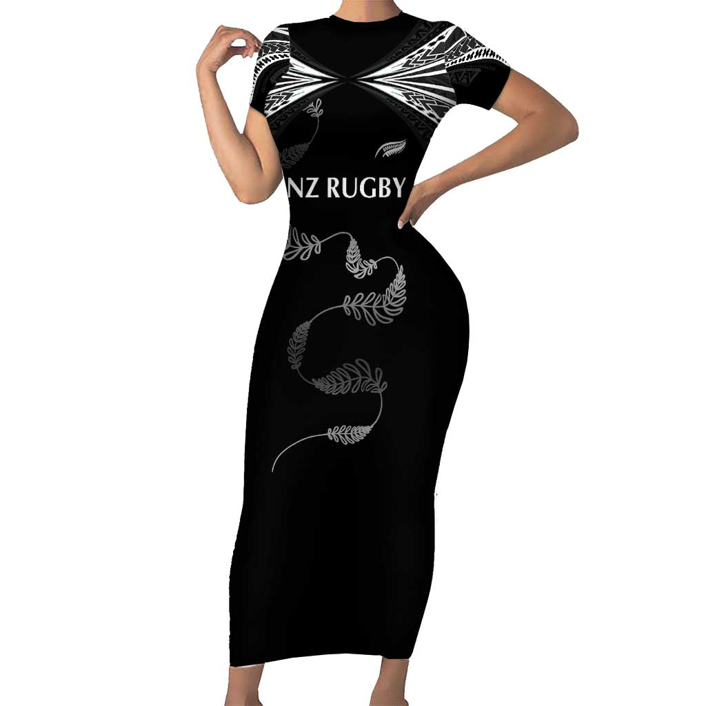 New Zealand Rugby Custom Short Sleeve Bodycon Dress Aotearoa Armour Blacks Silver Ferns LT03 Long Dress Black - Polynesian Pride