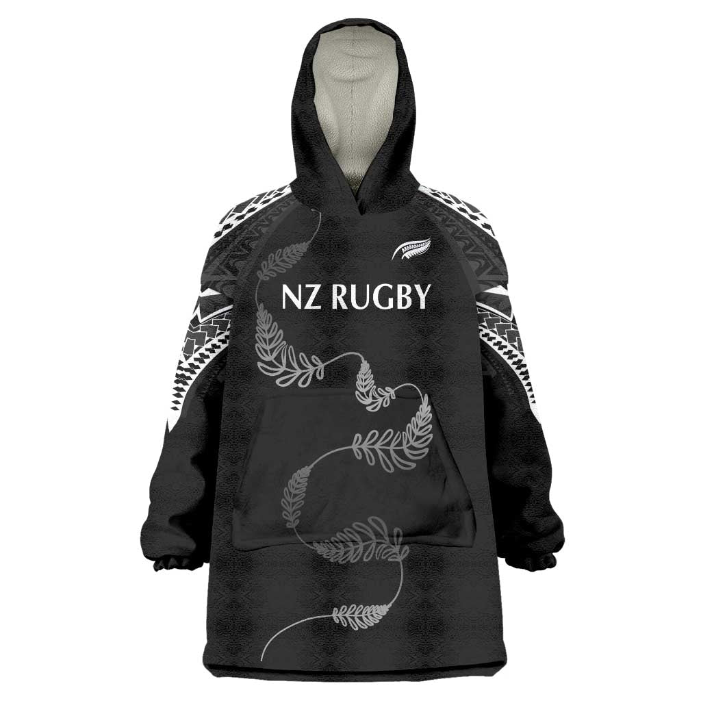 New Zealand Rugby Custom Wearable Blanket Hoodie Aotearoa Armour Blacks Silver Ferns LT03 One Size Black - Polynesian Pride