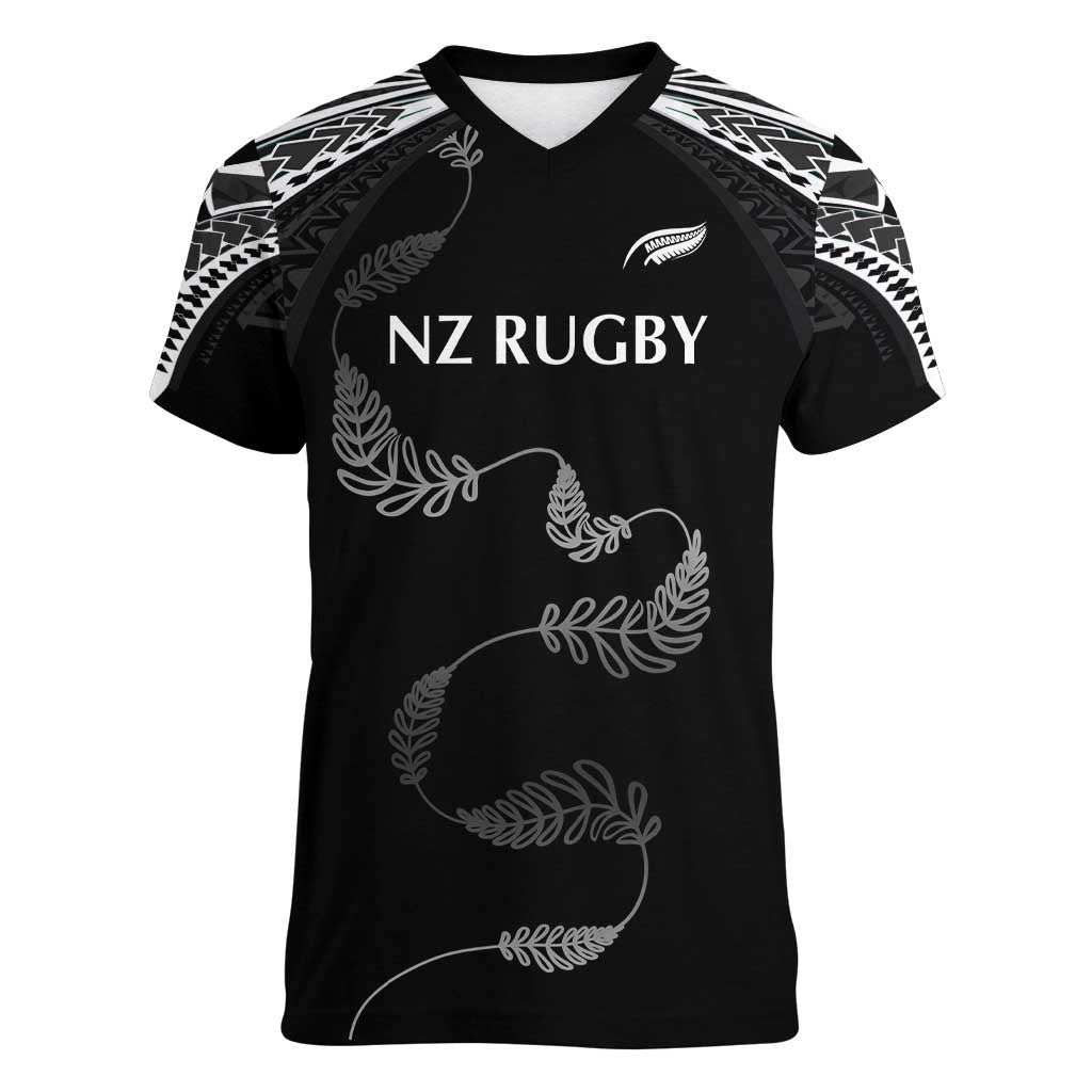 New Zealand Rugby Custom Women V-Neck T-Shirt Aotearoa Armour Blacks Silver Ferns - Polynesian Pride