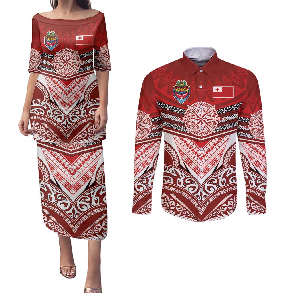 Tonga Rugby Custom Couples Matching Puletasi and Long Sleeve Button Shirt Mana o Tonga-Tribal Heritage Edition Red Color - Polynesian Pride