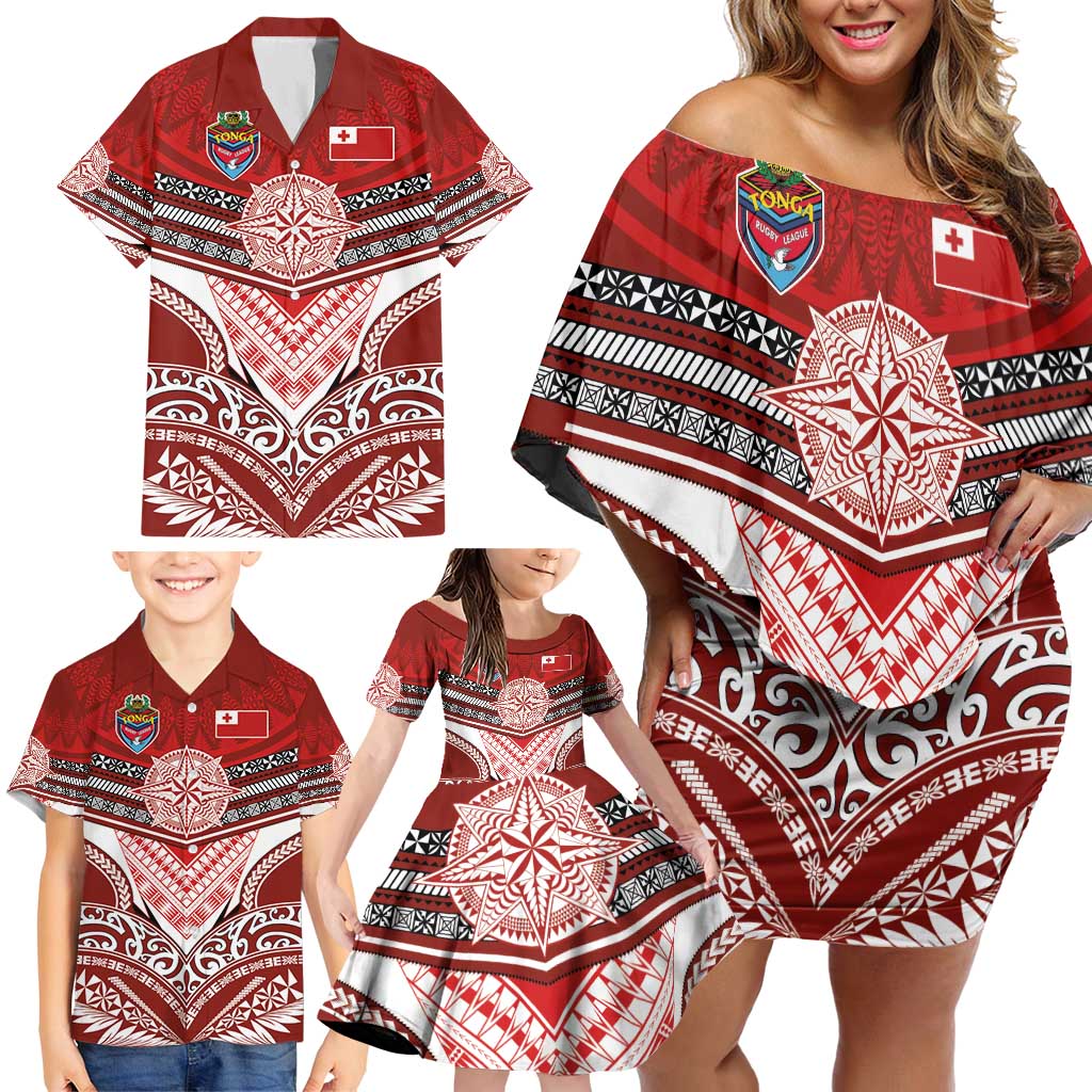 Tonga Rugby Custom Family Matching Off Shoulder Short Dress and Hawaiian Shirt Mana o Tonga-Tribal Heritage Edition Red Color - Polynesian Pride
