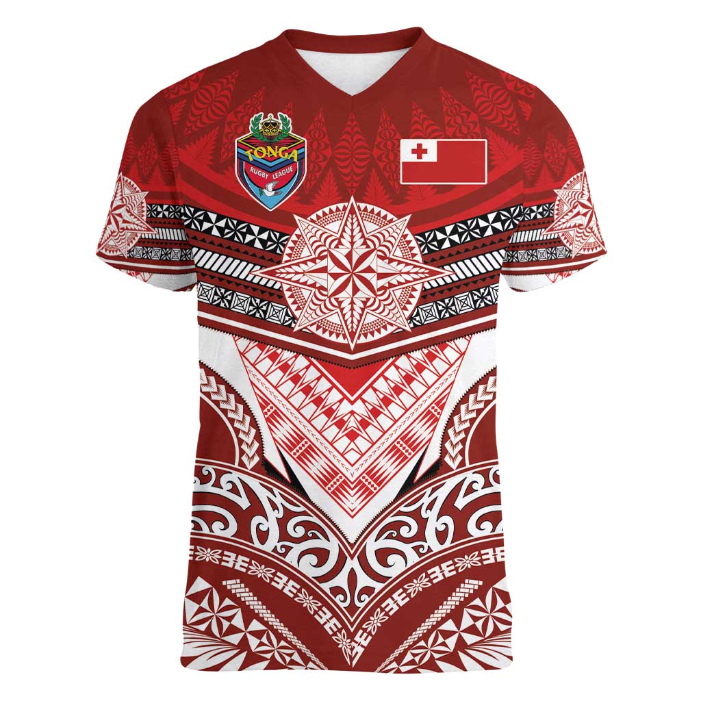 Tonga Rugby Custom Women V-Neck T-Shirt Mana o Tonga-Tribal Heritage Edition Red Color - Polynesian Pride