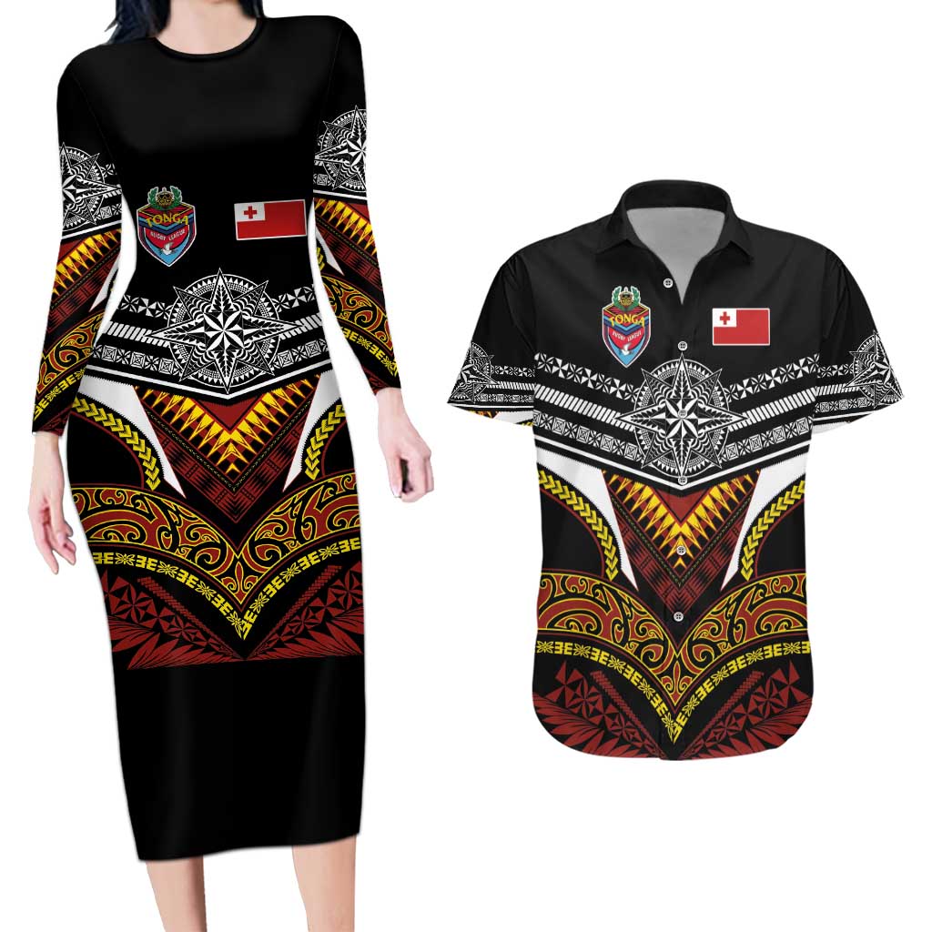 Tonga Rugby Custom Couples Matching Long Sleeve Bodycon Dress and Hawaiian Shirt Mana o Tonga-Tribal Heritage Edition Black Color - Polynesian Pride