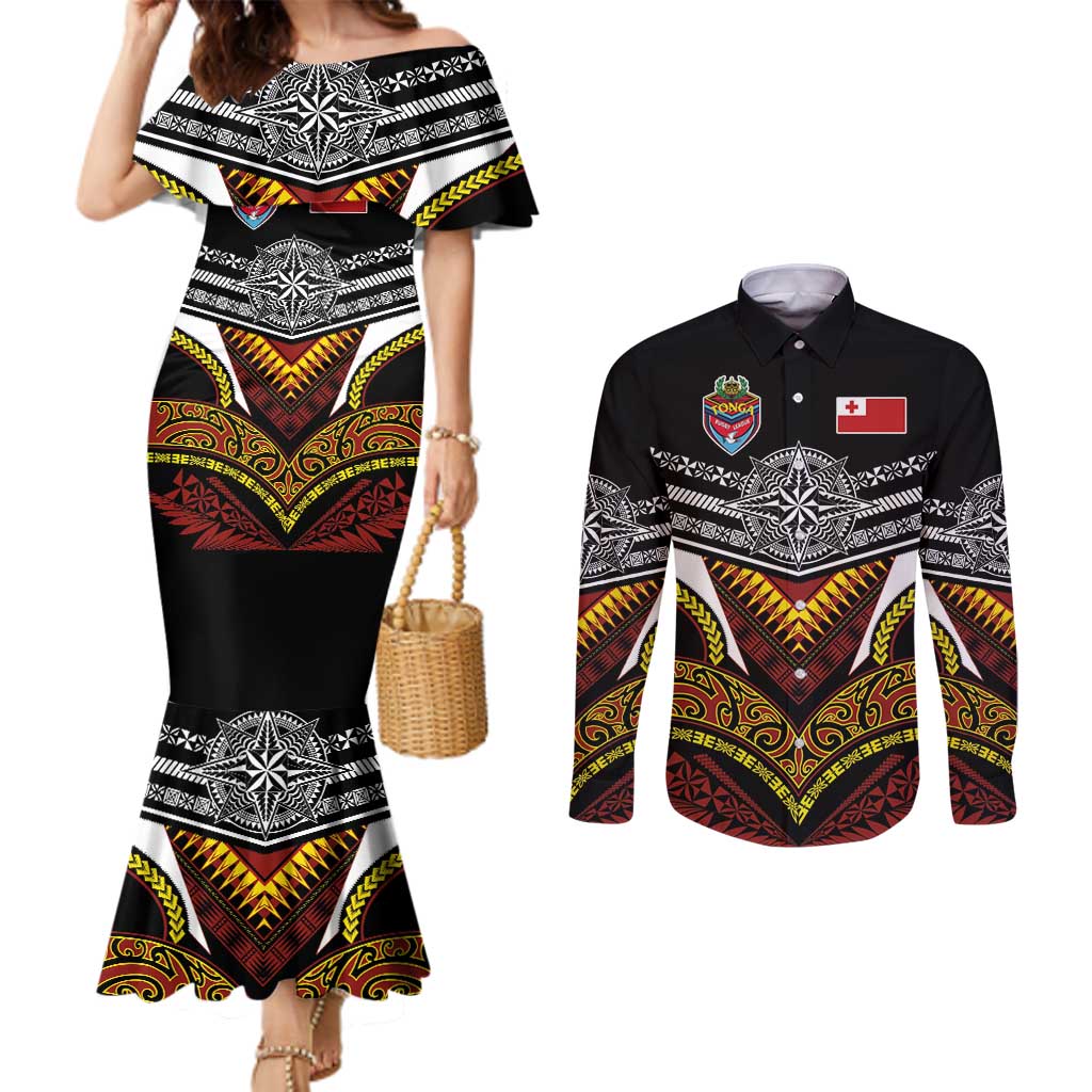Tonga Rugby Custom Couples Matching Mermaid Dress and Long Sleeve Button Shirt Mana o Tonga-Tribal Heritage Edition Black Color - Polynesian Pride