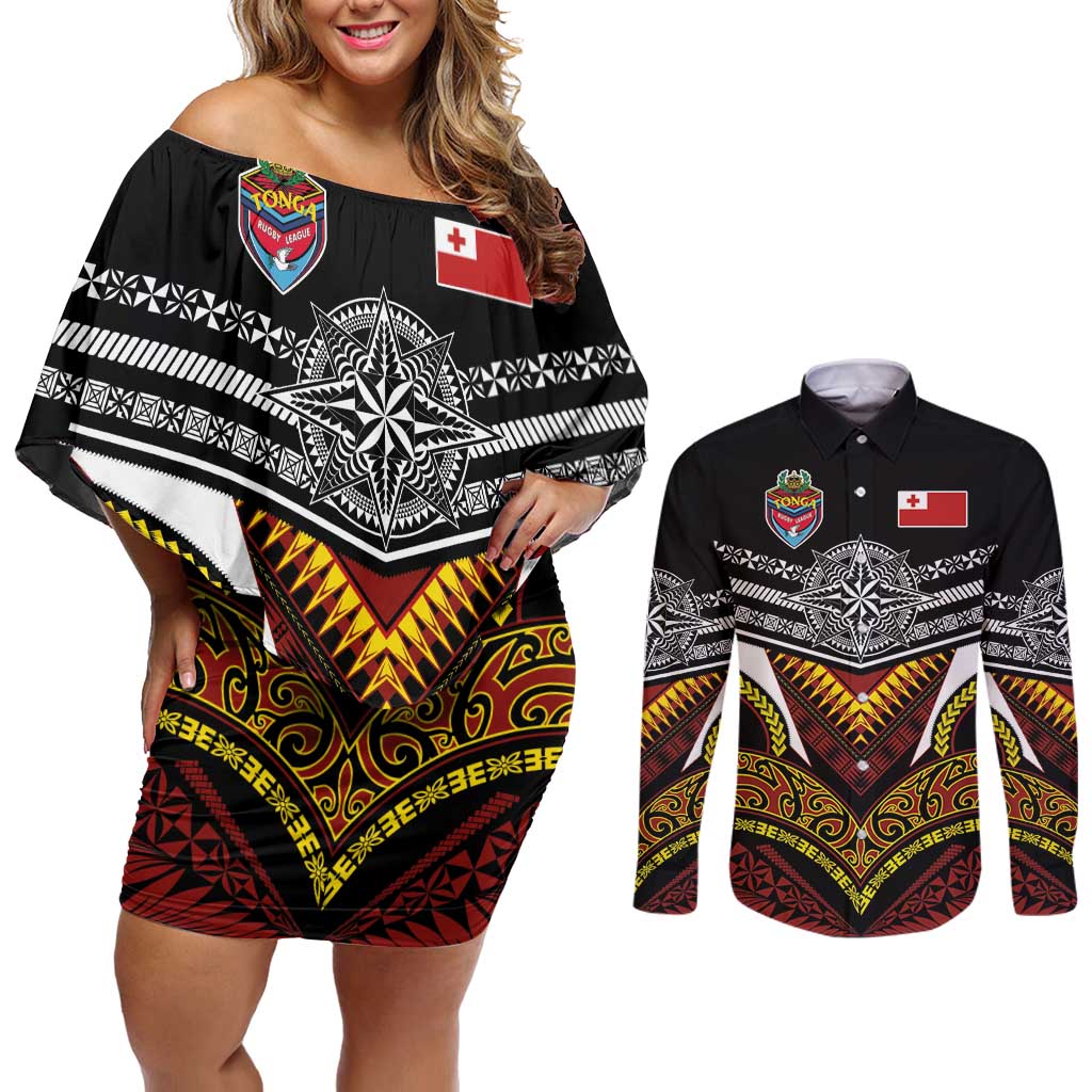 Tonga Rugby Custom Couples Matching Off Shoulder Short Dress and Long Sleeve Button Shirt Mana o Tonga-Tribal Heritage Edition Black Color - Polynesian Pride