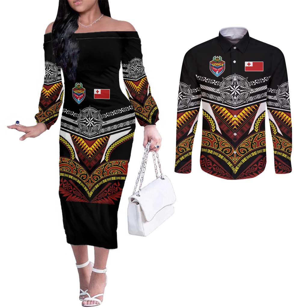 Tonga Rugby Custom Couples Matching Off The Shoulder Long Sleeve Dress and Long Sleeve Button Shirt Mana o Tonga-Tribal Heritage Edition Black Color - Polynesian Pride