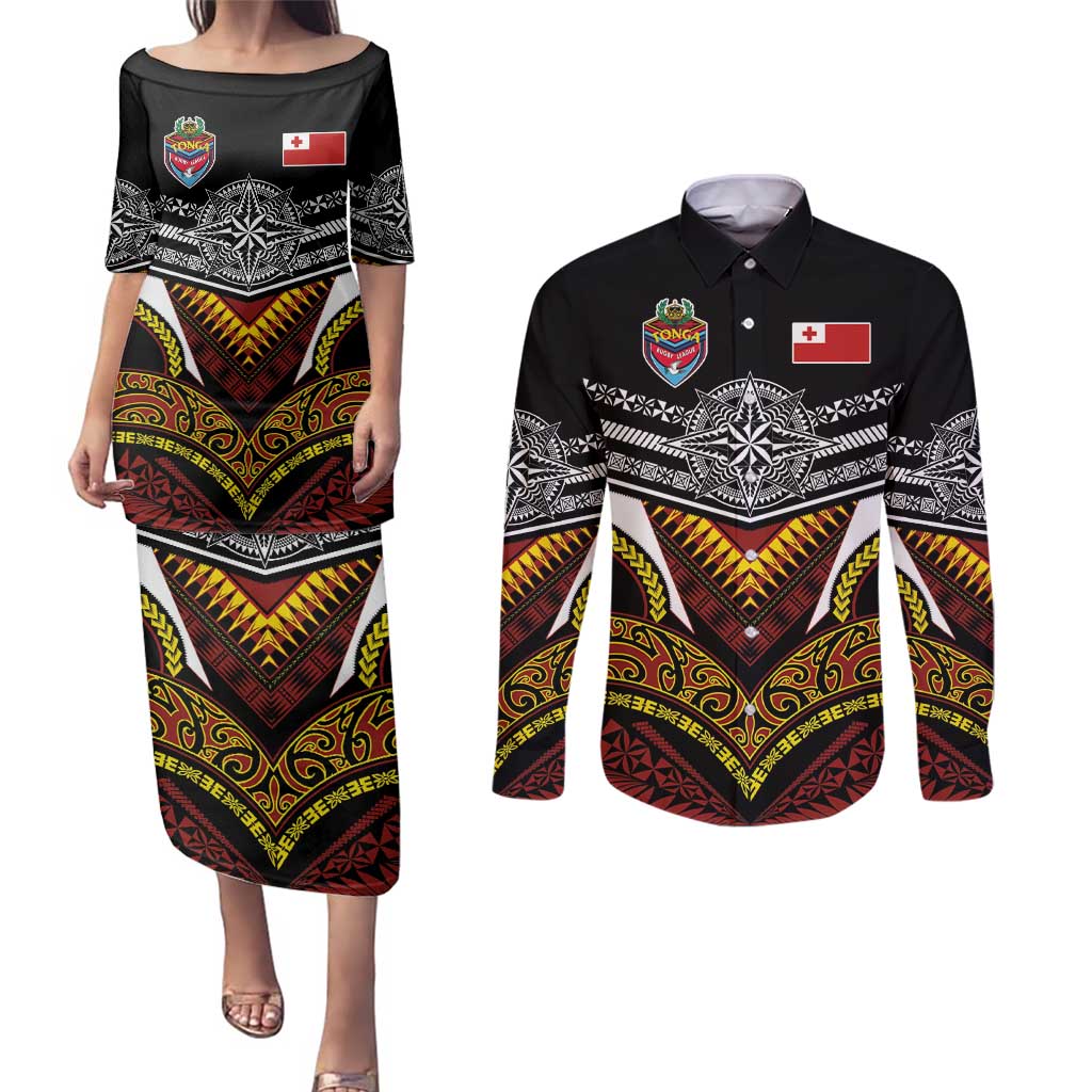Tonga Rugby Custom Couples Matching Puletasi and Long Sleeve Button Shirt Mana o Tonga-Tribal Heritage Edition Black Color - Polynesian Pride