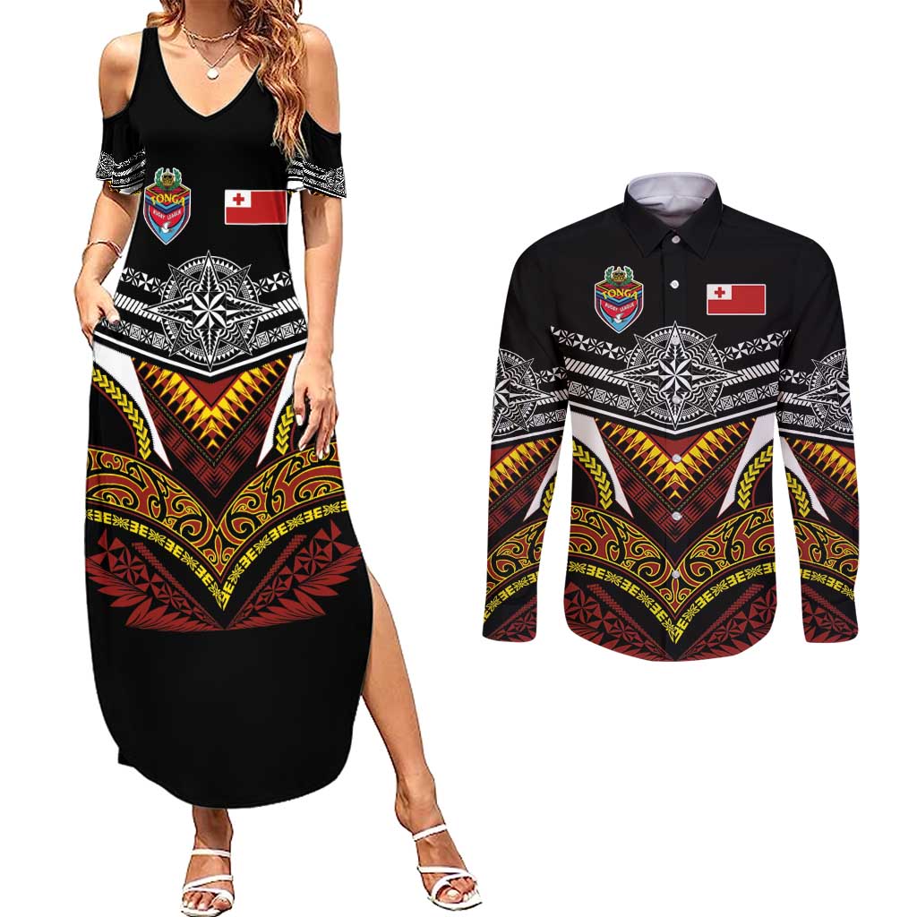 Tonga Rugby Custom Couples Matching Summer Maxi Dress and Long Sleeve Button Shirt Mana o Tonga-Tribal Heritage Edition Black Color - Polynesian Pride