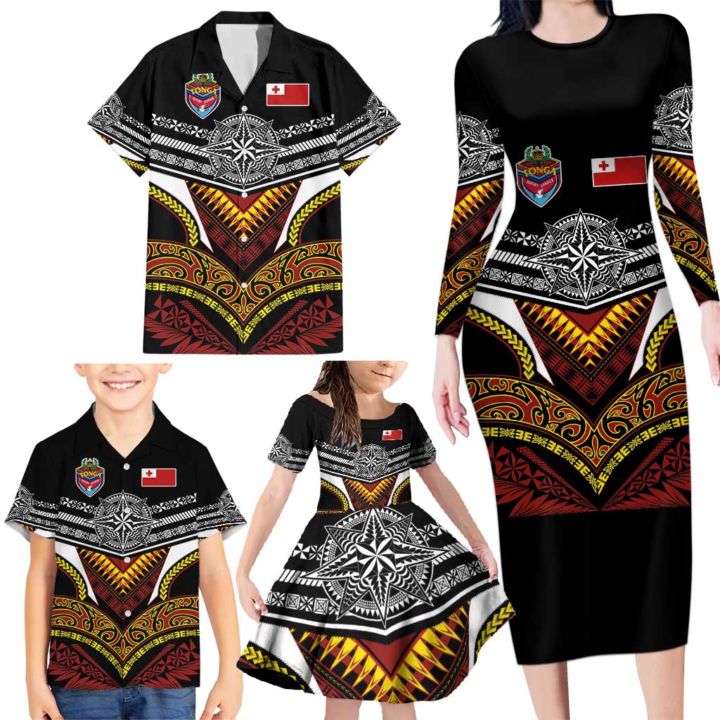 Tonga Rugby Custom Family Matching Long Sleeve Bodycon Dress and Hawaiian Shirt Mana o Tonga-Tribal Heritage Edition Black Color - Polynesian Pride