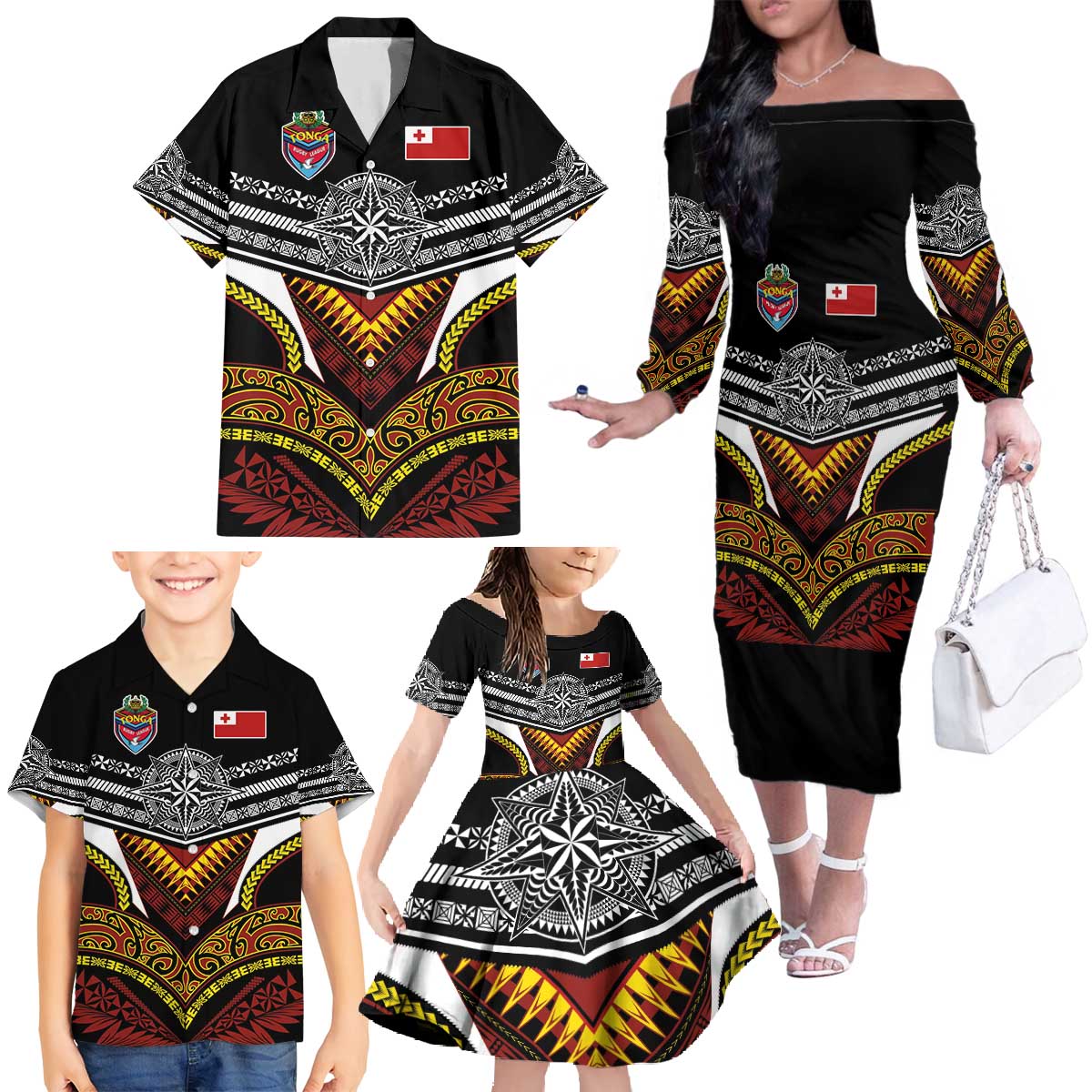 Tonga Rugby Custom Family Matching Off The Shoulder Long Sleeve Dress and Hawaiian Shirt Mana o Tonga-Tribal Heritage Edition Black Color - Polynesian Pride