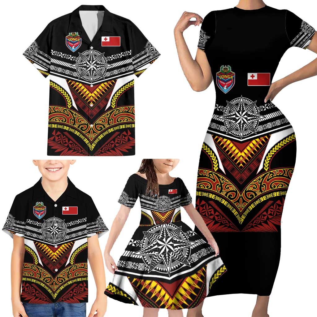 Tonga Rugby Custom Family Matching Short Sleeve Bodycon Dress and Hawaiian Shirt Mana o Tonga-Tribal Heritage Edition Black Color - Polynesian Pride