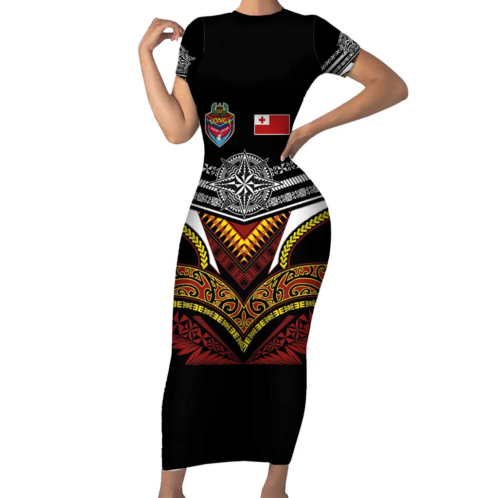 Tonga Rugby Custom Short Sleeve Bodycon Dress Mana o Tonga-Tribal Heritage Edition Black Color - Polynesian Pride