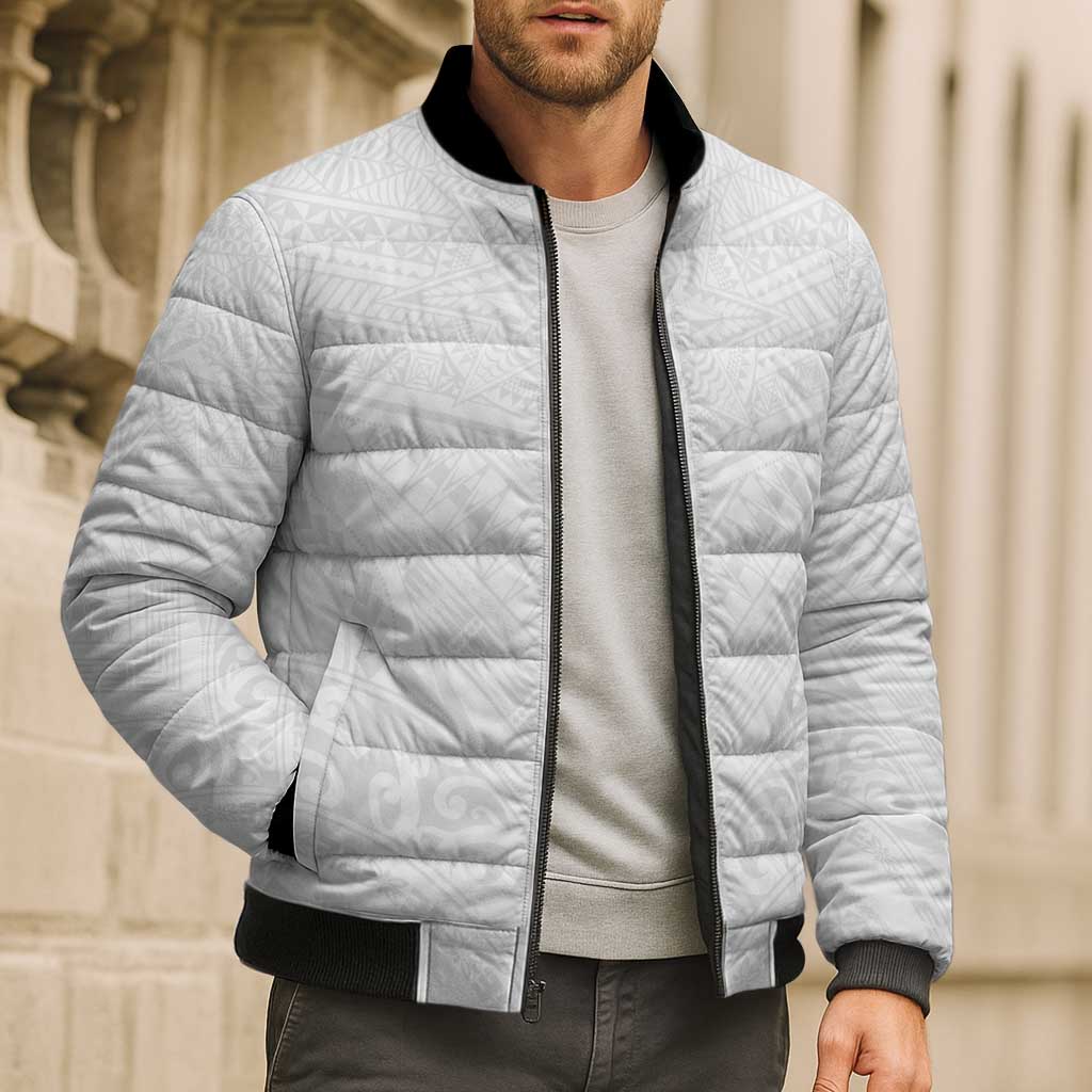 Tonga White Sunday Bomber Puffer Jacket Tongan Tribal Heritage Tattoos - Polynesian Pride