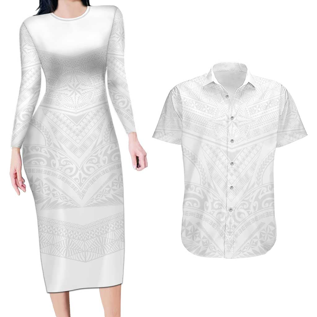 Tonga White Sunday Couples Matching Long Sleeve Bodycon Dress and Hawaiian Shirt Tongan Tribal Heritage Tattoos LT03 White - Polynesian Pride