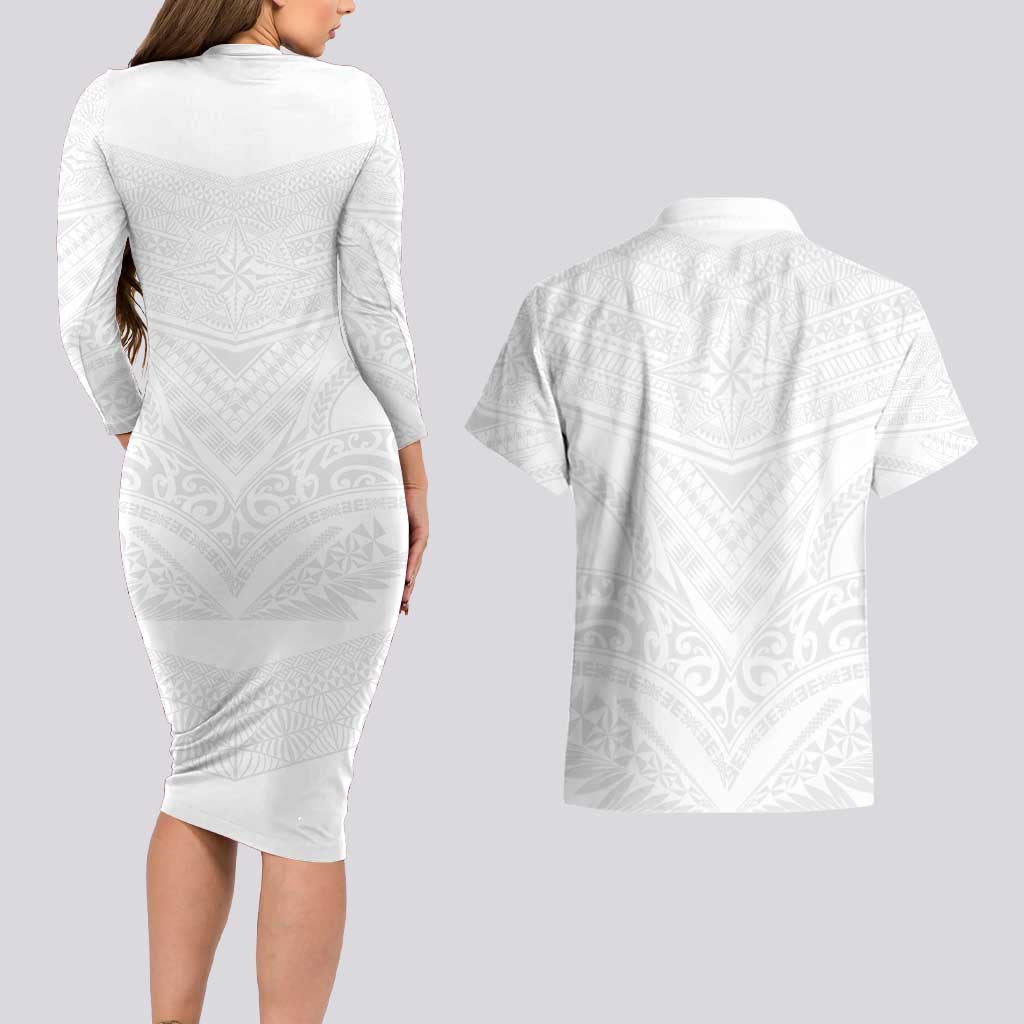 Tonga White Sunday Couples Matching Long Sleeve Bodycon Dress and Hawaiian Shirt Tongan Tribal Heritage Tattoos LT03 - Polynesian Pride