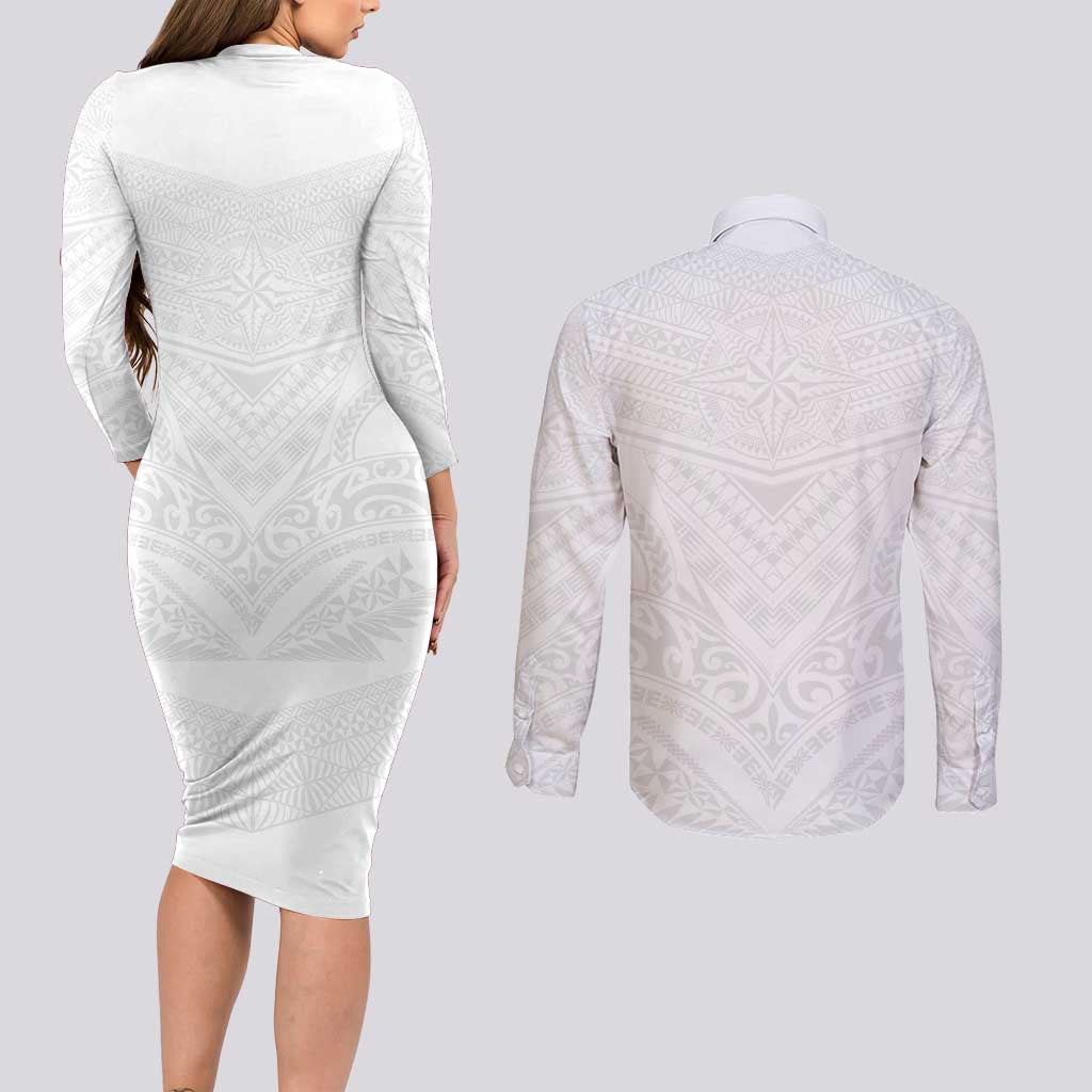 Tonga White Sunday Couples Matching Long Sleeve Bodycon Dress and Long Sleeve Button Shirt Tongan Tribal Heritage Tattoos LT03 - Polynesian Pride