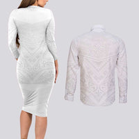 Tonga White Sunday Couples Matching Long Sleeve Bodycon Dress and Long Sleeve Button Shirt Tongan Tribal Heritage Tattoos LT03 - Polynesian Pride