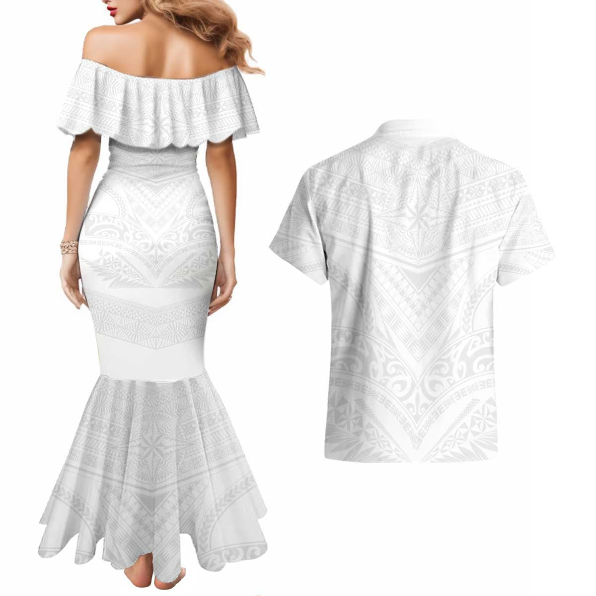 Tonga White Sunday Couples Matching Mermaid Dress and Hawaiian Shirt Tongan Tribal Heritage Tattoos LT03 - Polynesian Pride