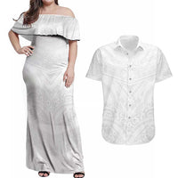 Tonga White Sunday Couples Matching Off Shoulder Maxi Dress and Hawaiian Shirt Tongan Tribal Heritage Tattoos LT03 White - Polynesian Pride