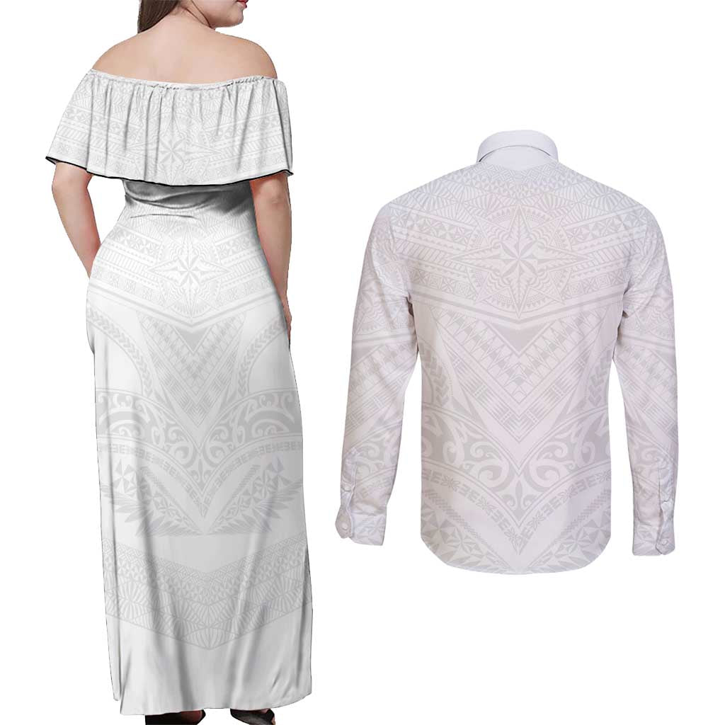 Tonga White Sunday Couples Matching Off Shoulder Maxi Dress and Long Sleeve Button Shirt Tongan Tribal Heritage Tattoos LT03 - Polynesian Pride