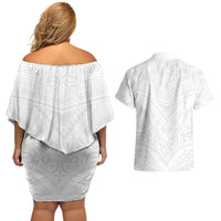 Tonga White Sunday Couples Matching Off Shoulder Short Dress and Hawaiian Shirt Tongan Tribal Heritage Tattoos LT03 - Polynesian Pride