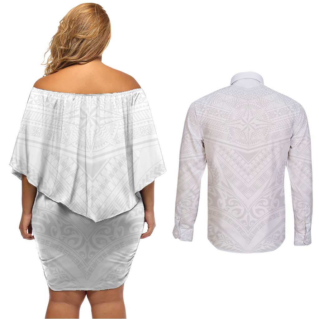 Tonga White Sunday Couples Matching Off Shoulder Short Dress and Long Sleeve Button Shirt Tongan Tribal Heritage Tattoos LT03 - Polynesian Pride