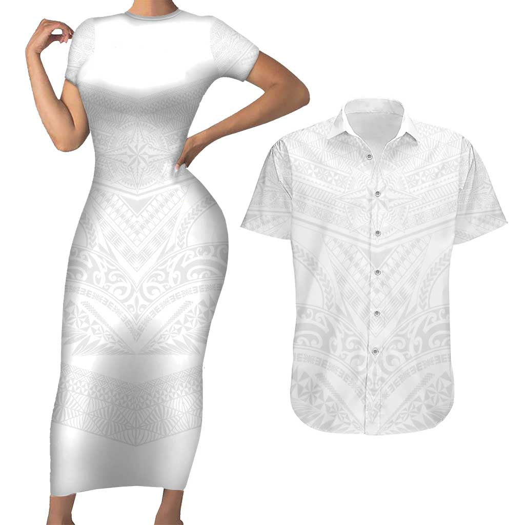 Tonga White Sunday Couples Matching Short Sleeve Bodycon Dress and Hawaiian Shirt Tongan Tribal Heritage Tattoos LT03 White - Polynesian Pride
