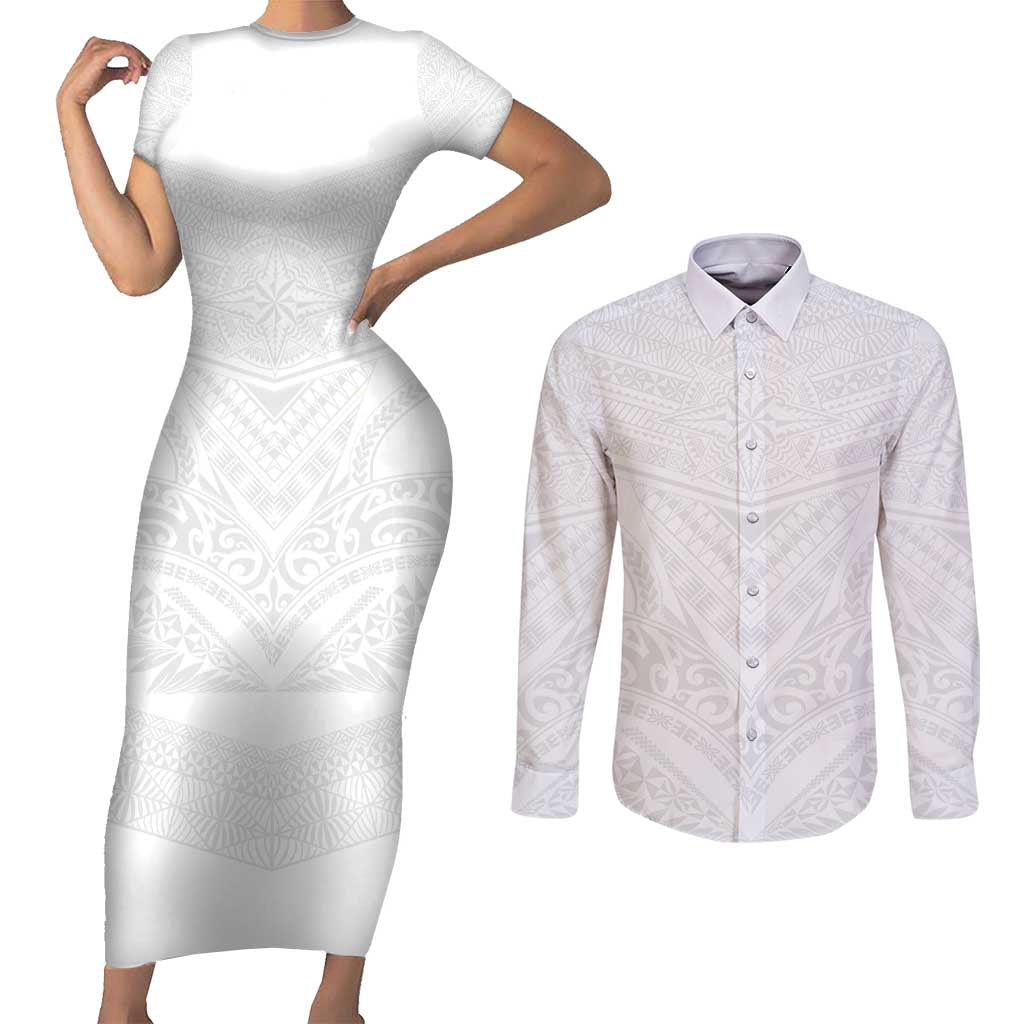 Tonga White Sunday Couples Matching Short Sleeve Bodycon Dress and Long Sleeve Button Shirt Tongan Tribal Heritage Tattoos LT03 White - Polynesian Pride