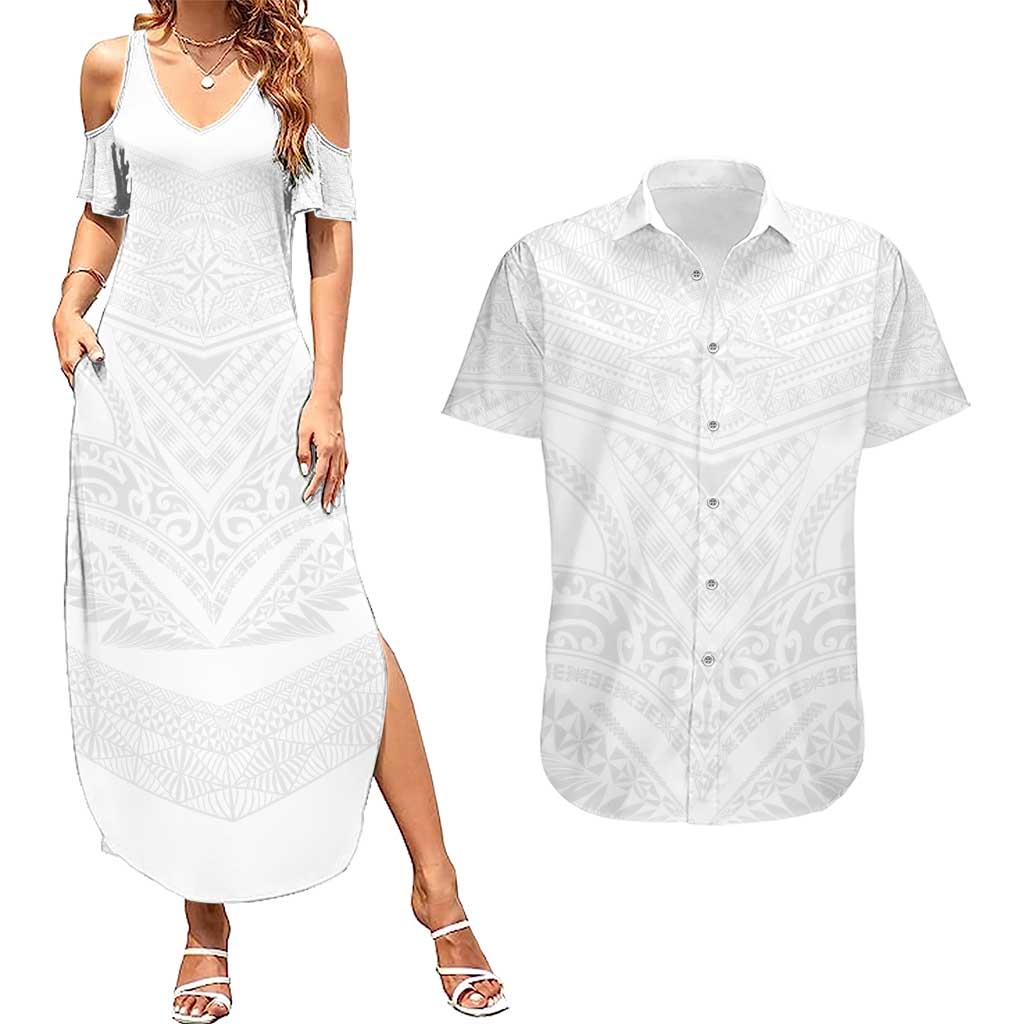 Tonga White Sunday Couples Matching Summer Maxi Dress and Hawaiian Shirt Tongan Tribal Heritage Tattoos - Polynesian Pride