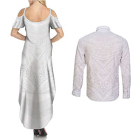 Tonga White Sunday Couples Matching Summer Maxi Dress and Long Sleeve Button Shirt Tongan Tribal Heritage Tattoos LT03 - Polynesian Pride