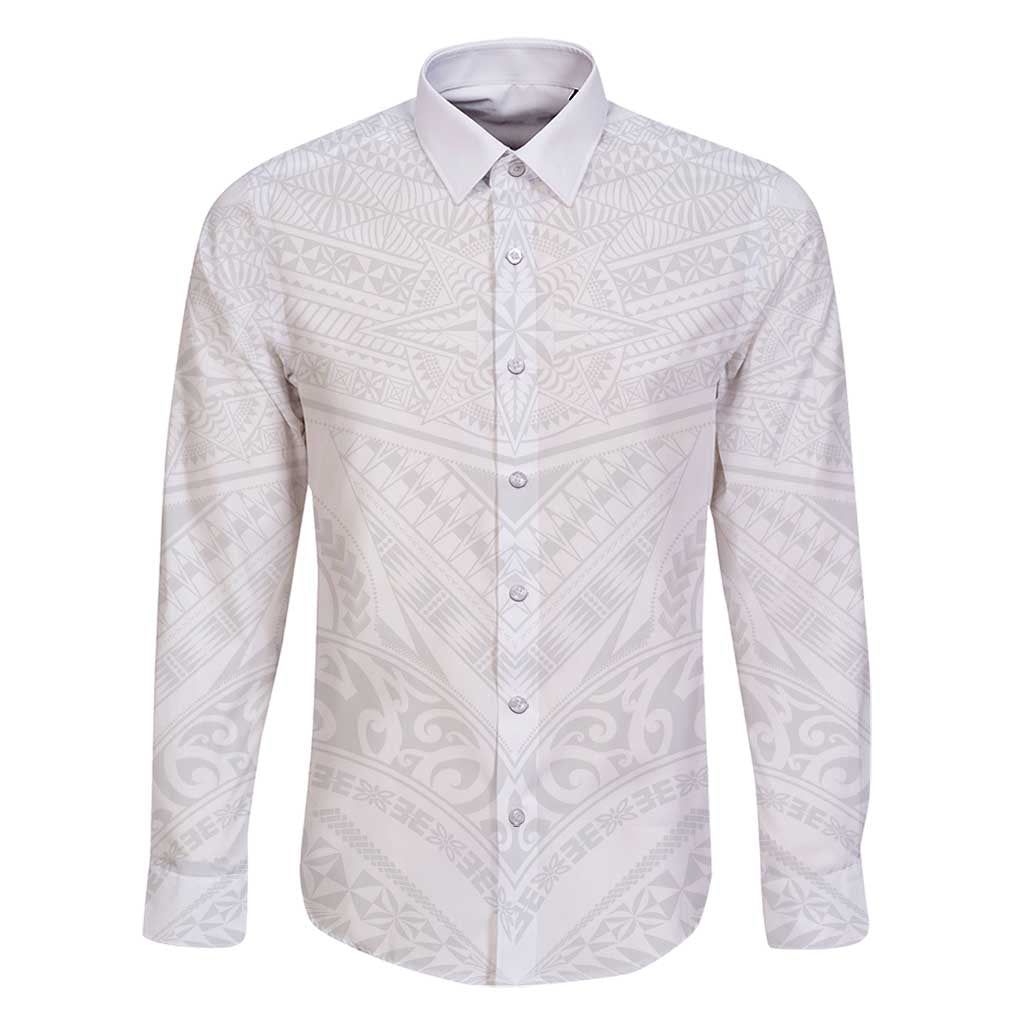 Tonga White Sunday Family Matching Off Shoulder Short Dress and Hawaiian Shirt Tongan Tribal Heritage Tattoos LT03 Dad's Shirt - Long Sleeve White - Polynesian Pride