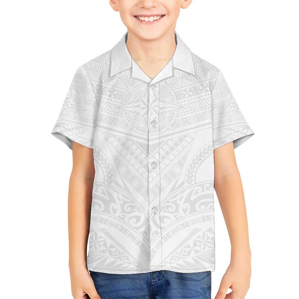 Tonga White Sunday Family Matching Off Shoulder Short Dress and Hawaiian Shirt Tongan Tribal Heritage Tattoos LT03 Son's Shirt White - Polynesian Pride