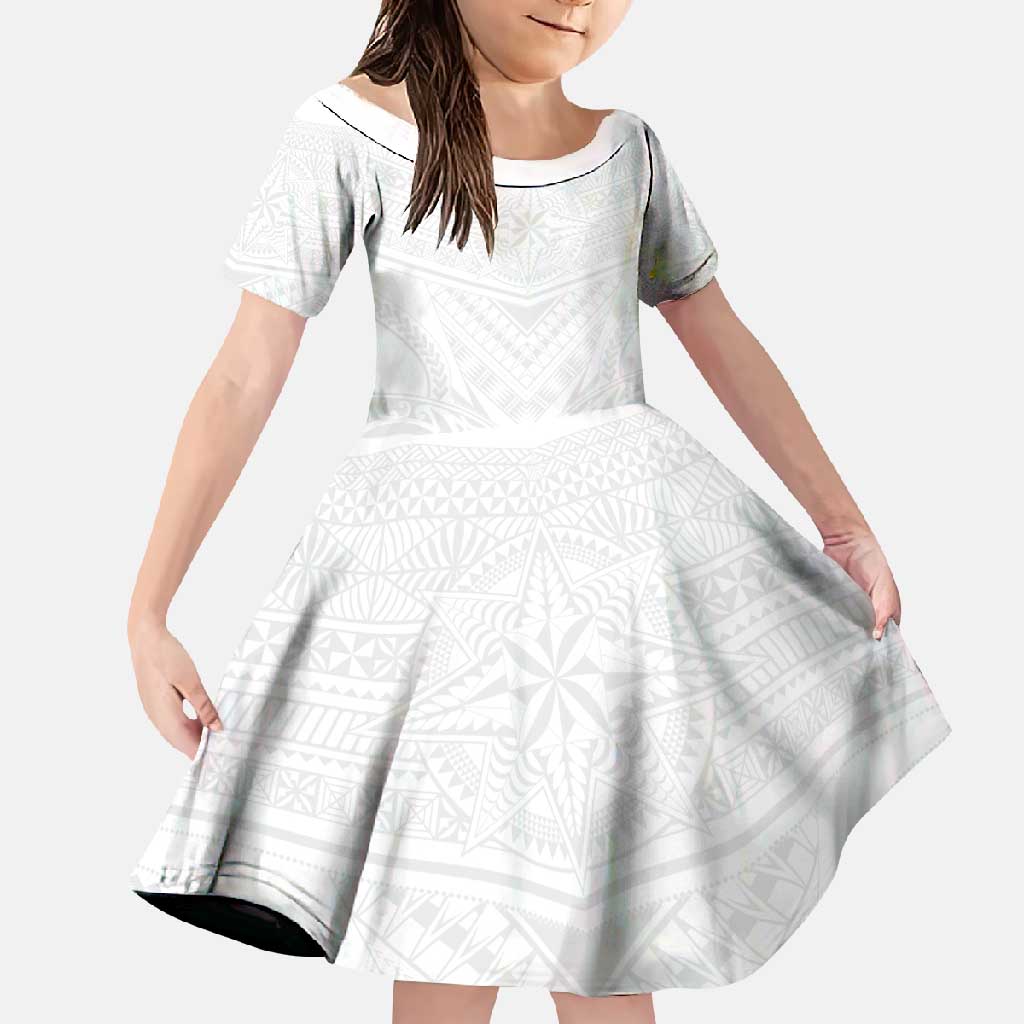 Tonga White Sunday Family Matching Short Sleeve Bodycon Dress and Hawaiian Shirt Tongan Tribal Heritage Tattoos LT03 Daughter's Dress White - Polynesian Pride