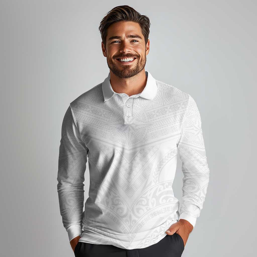 Tonga White Sunday Long Sleeve Polo Shirt Tongan Tribal Heritage Tattoos - Polynesian Pride