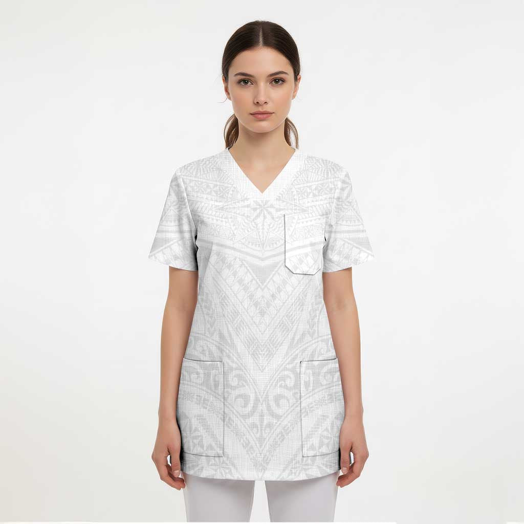 Tonga White Sunday Scrub Top Tongan Tribal Heritage Tattoos LT03 - Polynesian Pride