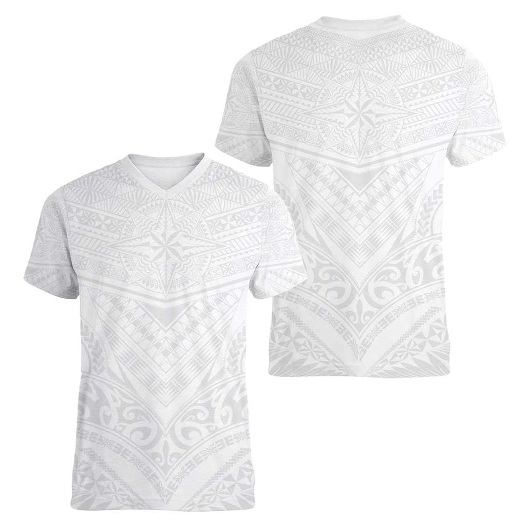 Tonga White Sunday Women V-Neck T-Shirt Tongan Tribal Heritage Tattoos LT03 - Polynesian Pride