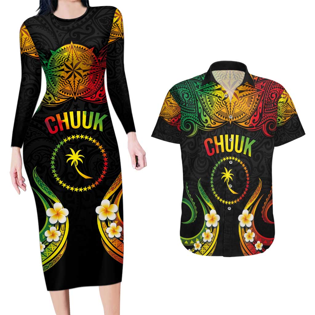 Personalised Chuuk Independence Day Couples Matching Long Sleeve Bodycon Dress and Hawaiian Shirt Polynesian Tattoo and Plumeria Reggae Color LT03 Reggae - Polynesian Pride