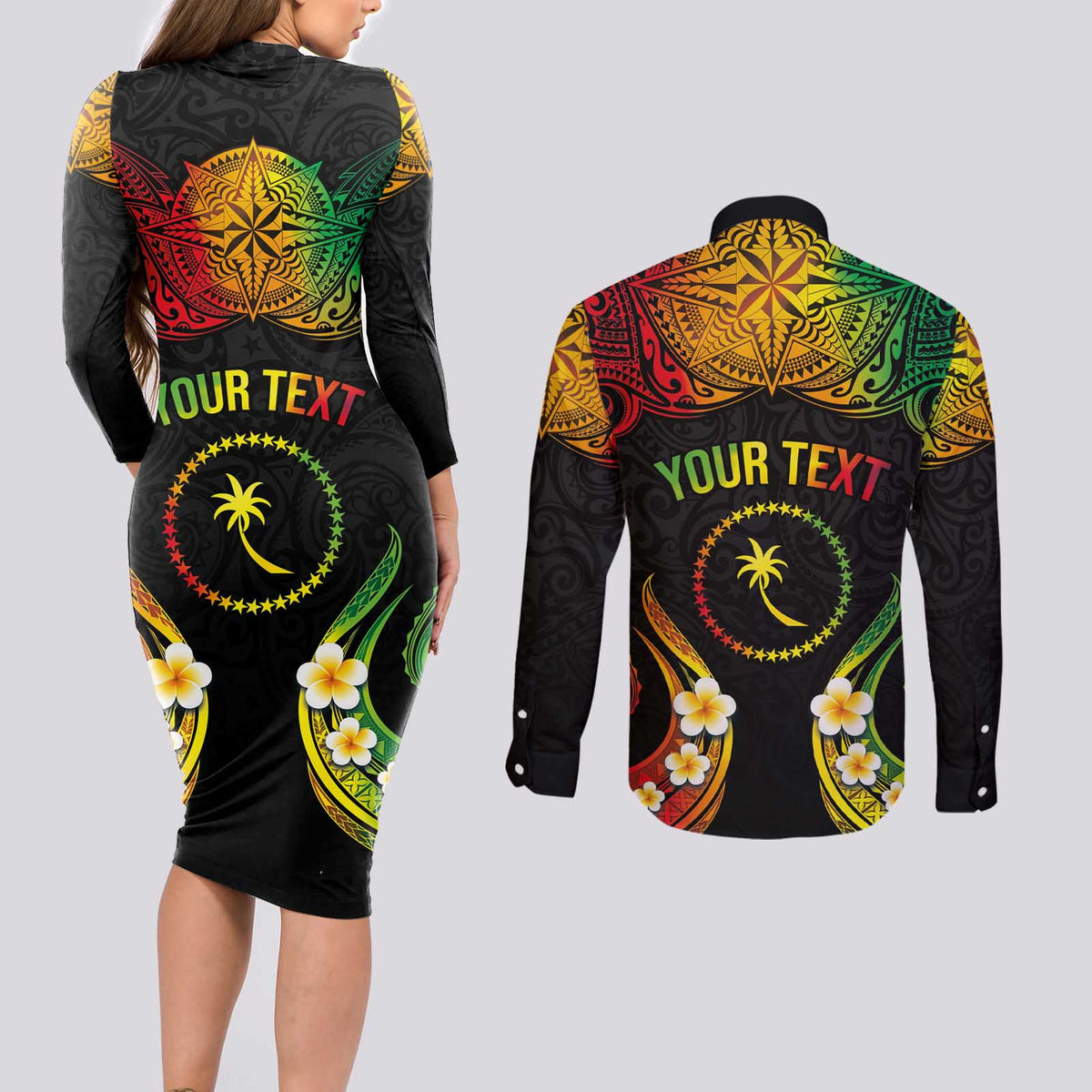 Personalised Chuuk Independence Day Couples Matching Long Sleeve Bodycon Dress and Long Sleeve Button Shirt Polynesian Tattoo and Plumeria Reggae Color LT03 - Polynesian Pride