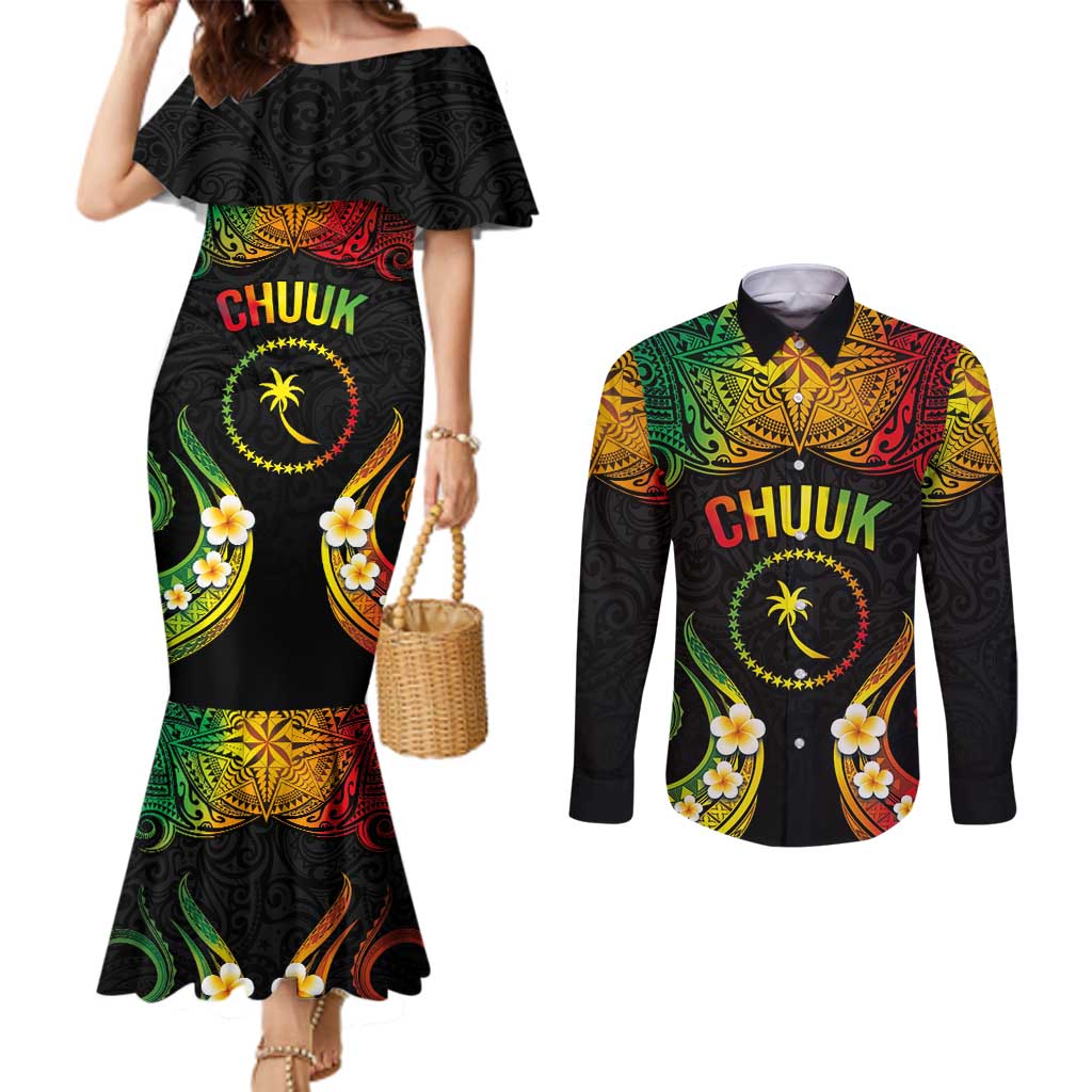 Personalised Chuuk Independence Day Couples Matching Mermaid Dress and Long Sleeve Button Shirt Polynesian Tattoo and Plumeria Reggae Color LT03 Reggae - Polynesian Pride