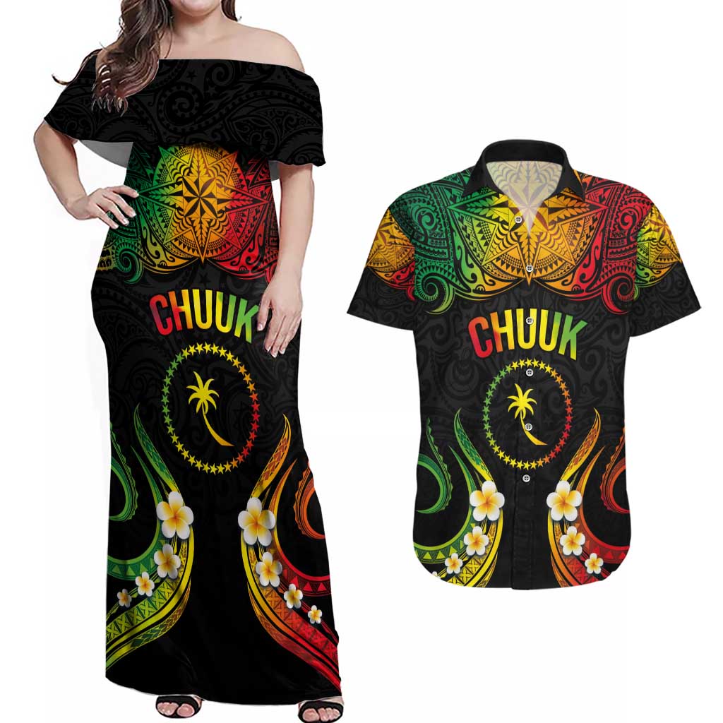 Personalised Chuuk Independence Day Couples Matching Off Shoulder Maxi Dress and Hawaiian Shirt Polynesian Tattoo and Plumeria Reggae Color LT03 Reggae - Polynesian Pride