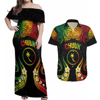Personalised Chuuk Independence Day Couples Matching Off Shoulder Maxi Dress and Hawaiian Shirt Polynesian Tattoo and Plumeria Reggae Color LT03 Reggae - Polynesian Pride