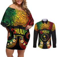 Personalised Chuuk Independence Day Couples Matching Off Shoulder Short Dress and Long Sleeve Button Shirt Polynesian Tattoo and Plumeria Reggae Color LT03 Reggae - Polynesian Pride