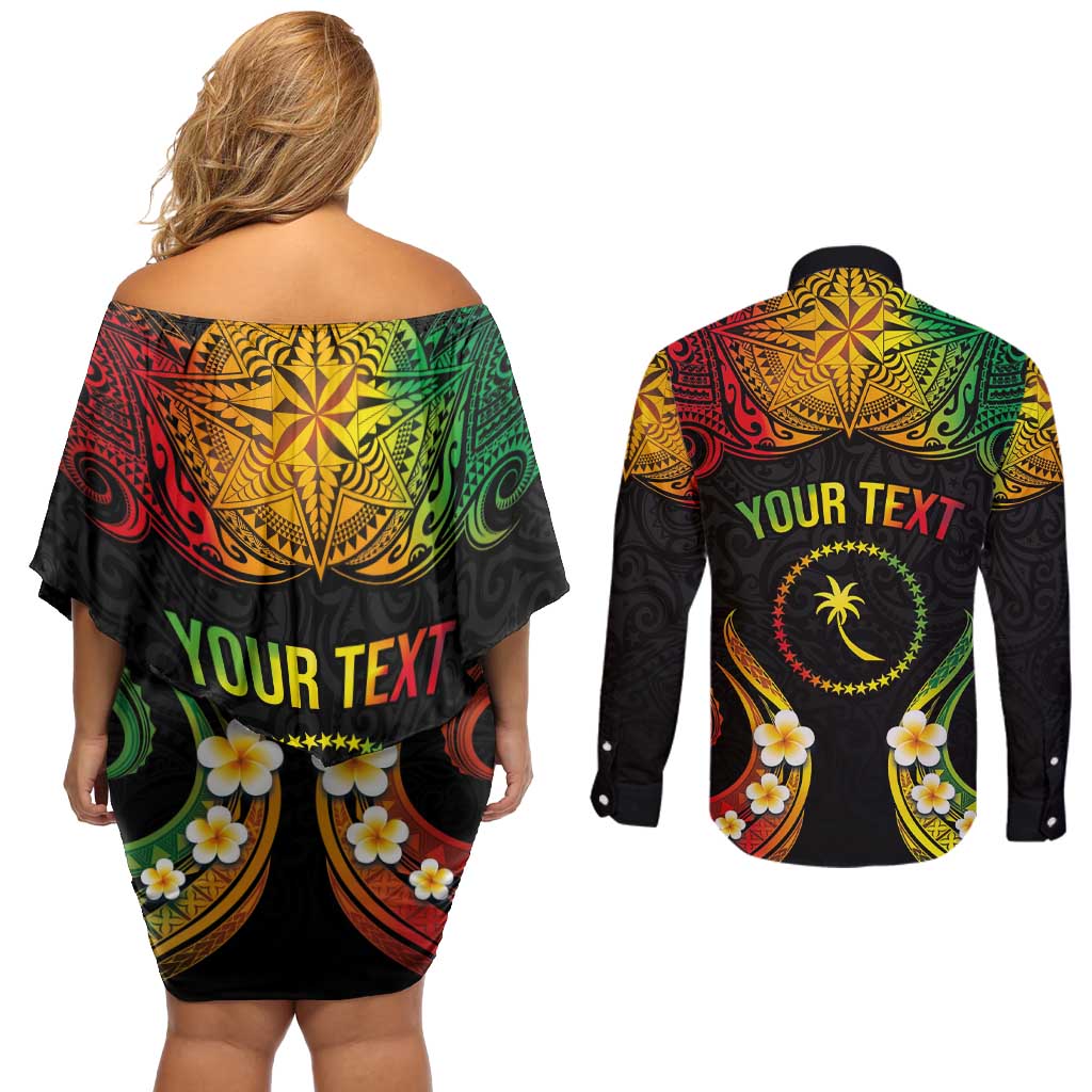 Personalised Chuuk Independence Day Couples Matching Off Shoulder Short Dress and Long Sleeve Button Shirt Polynesian Tattoo and Plumeria Reggae Color LT03 - Polynesian Pride