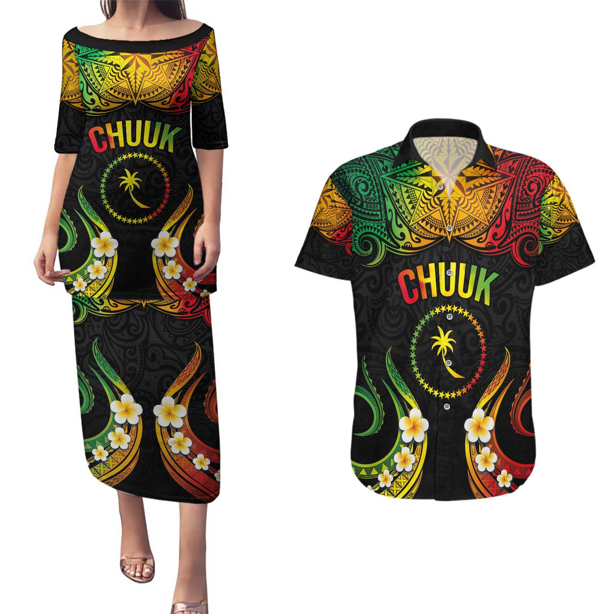 Personalised Chuuk Independence Day Couples Matching Puletasi and Hawaiian Shirt Polynesian Tattoo and Plumeria Reggae Color LT03 Reggae - Polynesian Pride