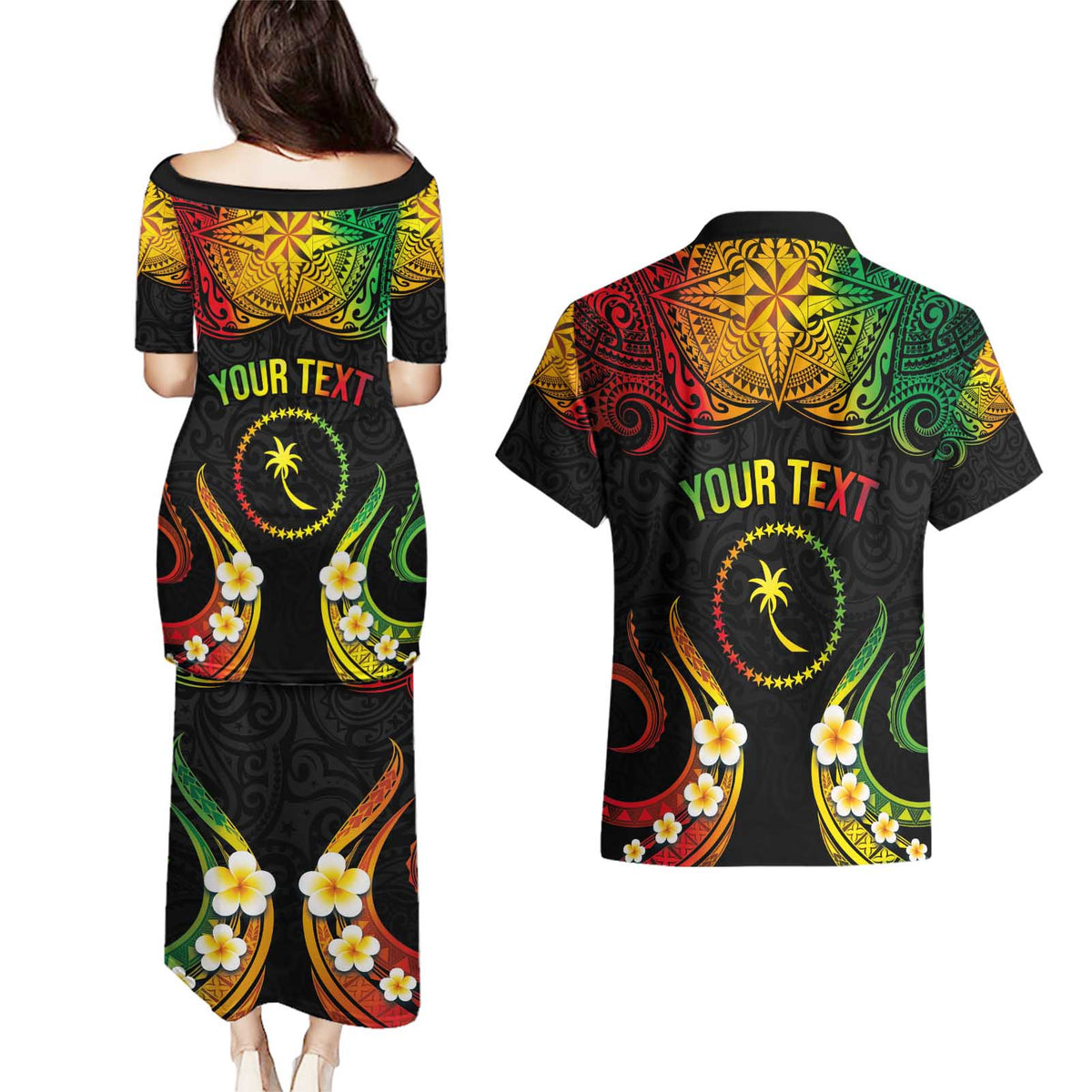 Personalised Chuuk Independence Day Couples Matching Puletasi and Hawaiian Shirt Polynesian Tattoo and Plumeria Reggae Color LT03 - Polynesian Pride